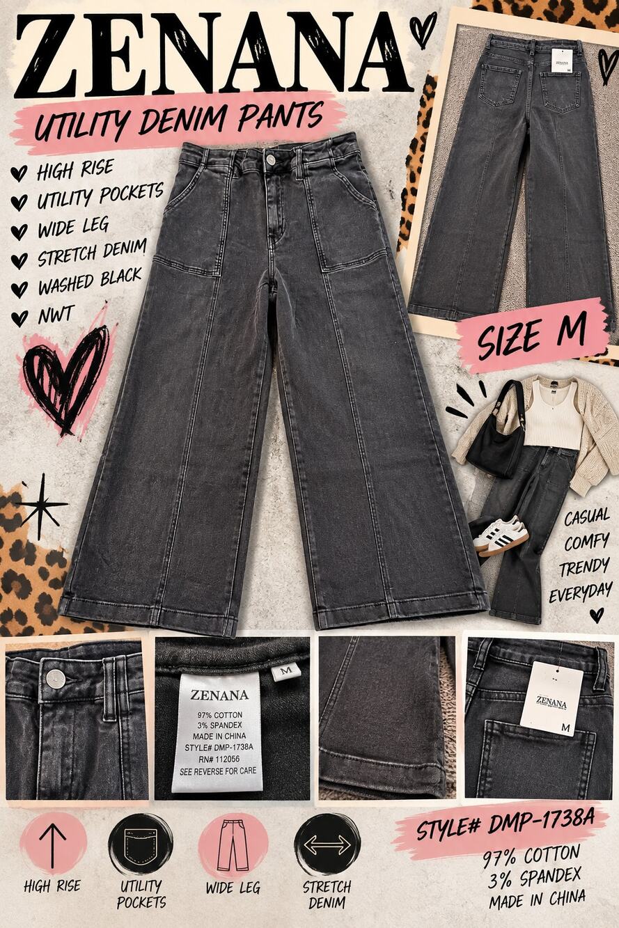 Zenana DMP-1738A Womens M Black Utility Wide Leg Stretch Denim Pants NWT
